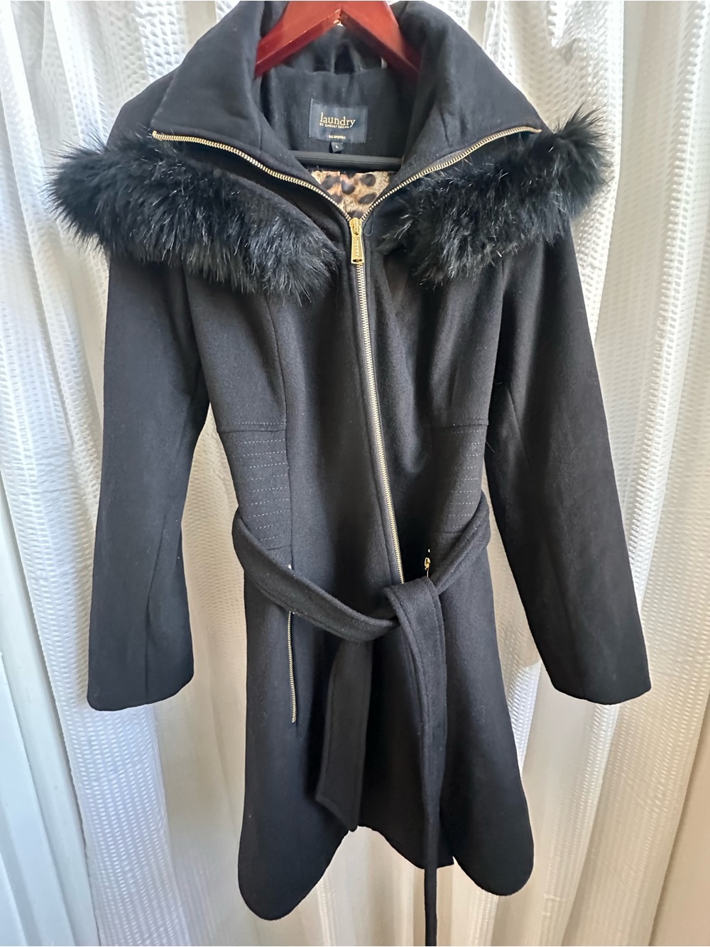 Laundry By Shelli Segal Black Hooded Trench Coat with Faux Fur Trim - Picture 2 of 6